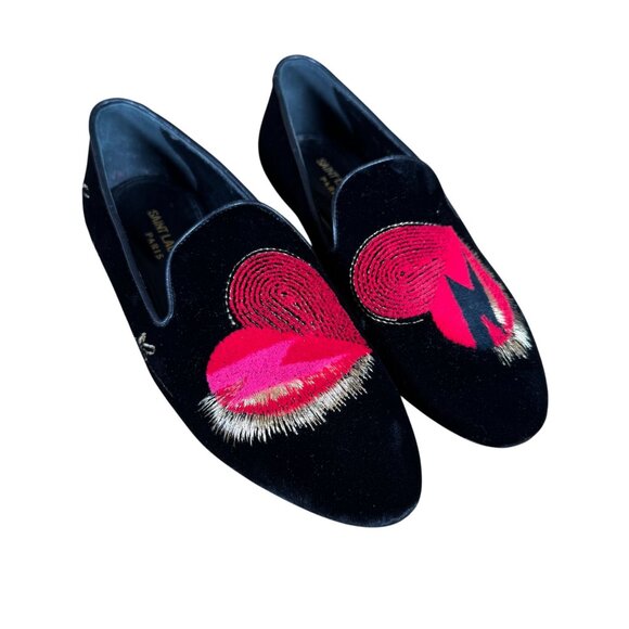 Saint Laurent Black Velvet Heart Smoking Loafer Shoes Size 37.5 - Picture 1 of 9
